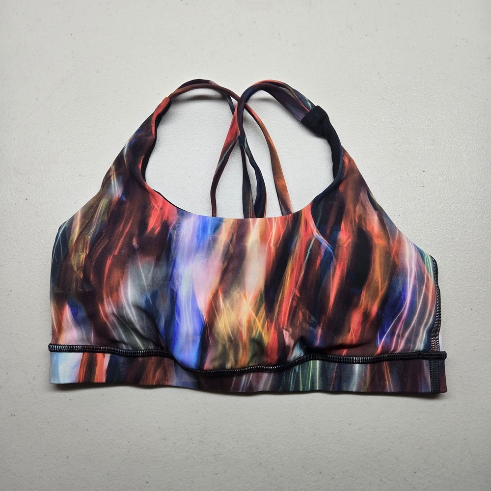 Lululemon Women Sports Bra 8 Orange Geometric Wireless Knit Strappy Pullover